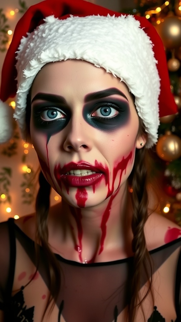 A Christmas-themed zombie makeup look with pale skin, dark circles, and festive accessories.